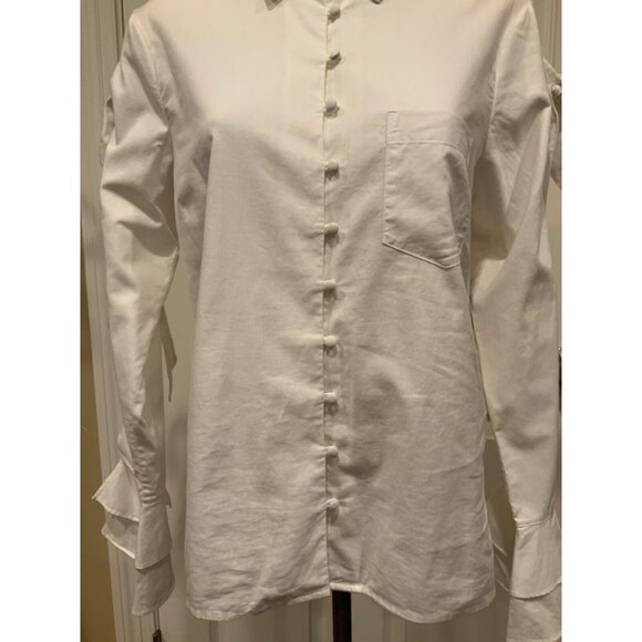 Jonathan Simkhai White Collared Button-Up Oxford Shirt Slit Tie Sleeves, Size L - Picture 3 of 9